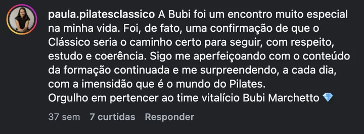 Comentário de @paula.pilatesclassico no Instagram
