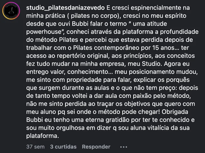 Comentário de @studio_pilatesdaniazevedo no Instagram