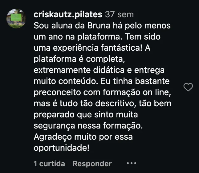 Comentário de @criskautz.pilates no Instagram