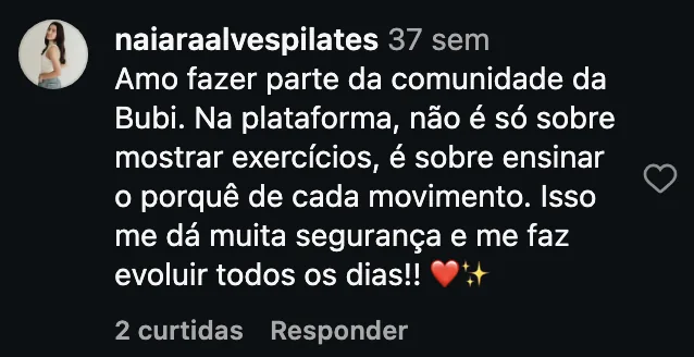 Comentário de @naiaraalvespilates no Instagram