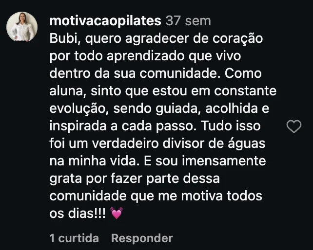 Comentário de @motivacaopilates no Instagram