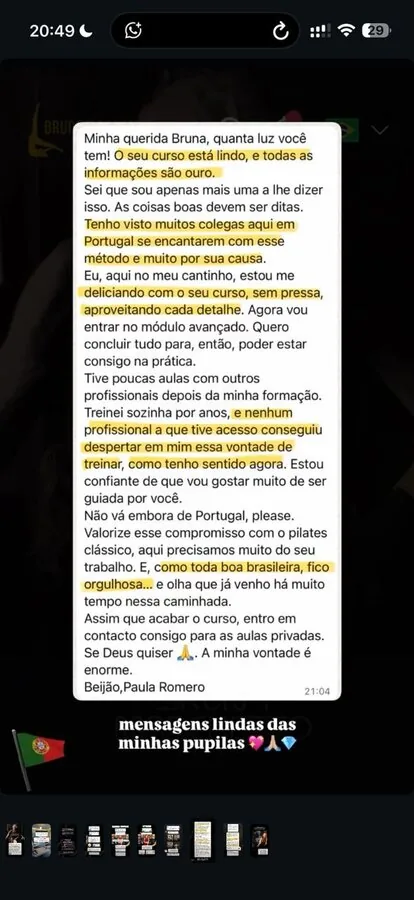 Mensagem de aluna no WhatsApp