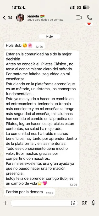 Mensagem de aluna no WhatsApp